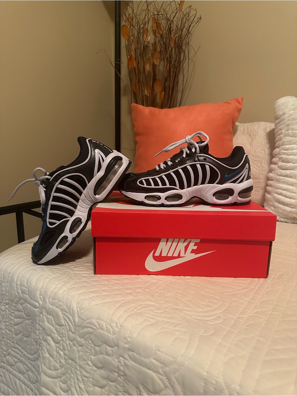 Nike Kids Black and White Air Tuned Max-Style Sneakers with Blue Swoosh